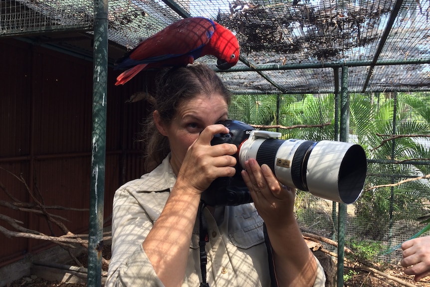 A woman holding a camera with a big lens with a bird on her head