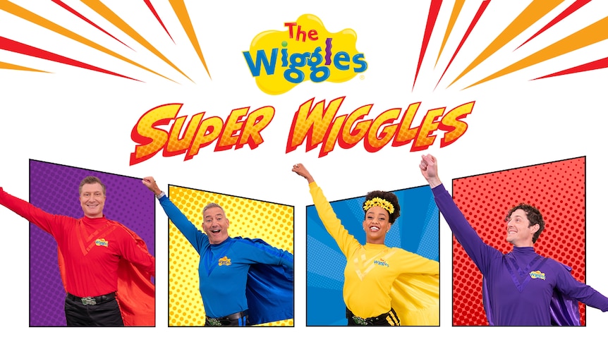 The Wiggles wearing capes and standing in a super man pose with right arm pointing to the sky against coloured squares