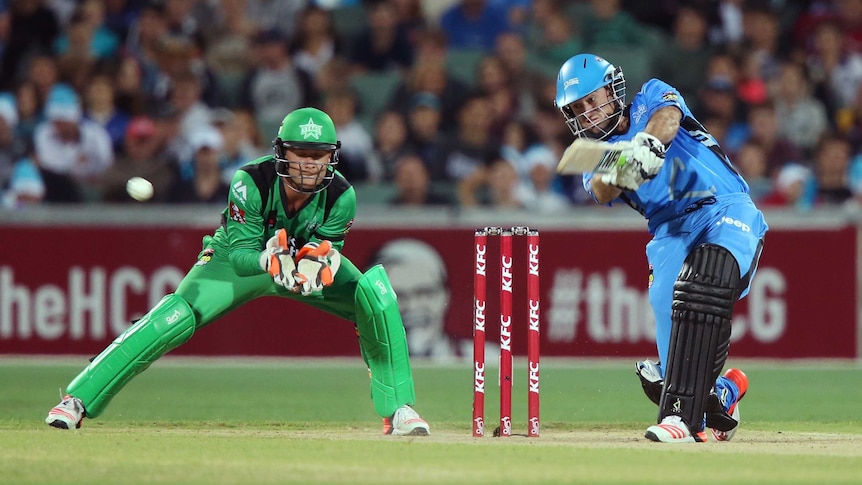 Tim Ludeman of the Adelaide Strikers plays a shot during the Big Bash League match between the Adelaide Strikers and Melbourne Stars at Adelaide Oval