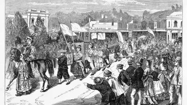 A depiction of a parade that preceded one of the Ballarat Chinese Football Premiership matches played in the 1890s.