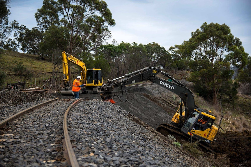 A rail line damaged by flooding in Tasmania.