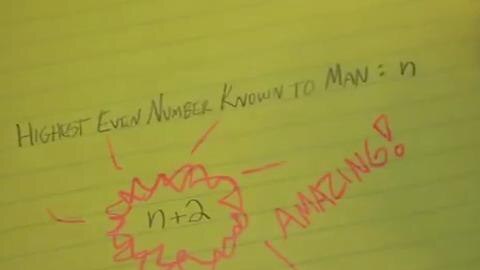 Handwritten text on page reads "Highest even number known to man = n"