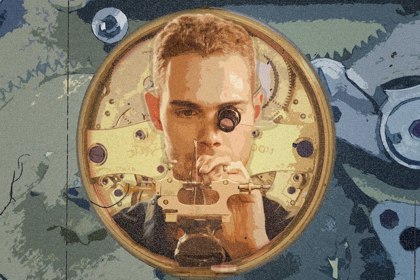 A stylised photo of a young man wearing a watchmaker's loupe eyeglass, concentrating on a tiny piece of metal.