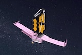 A spacecraft with two wing-like flaps and a yellow pod attached to the top. 