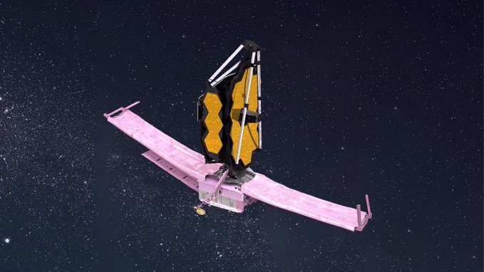 A spacecraft with two wing-like flaps and a yellow pod attached to the top. 