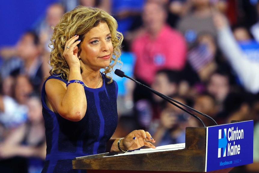 Democratic National Committee (DNC) Chairwoman Debbie Wasserman Schultz speaks at a rally.