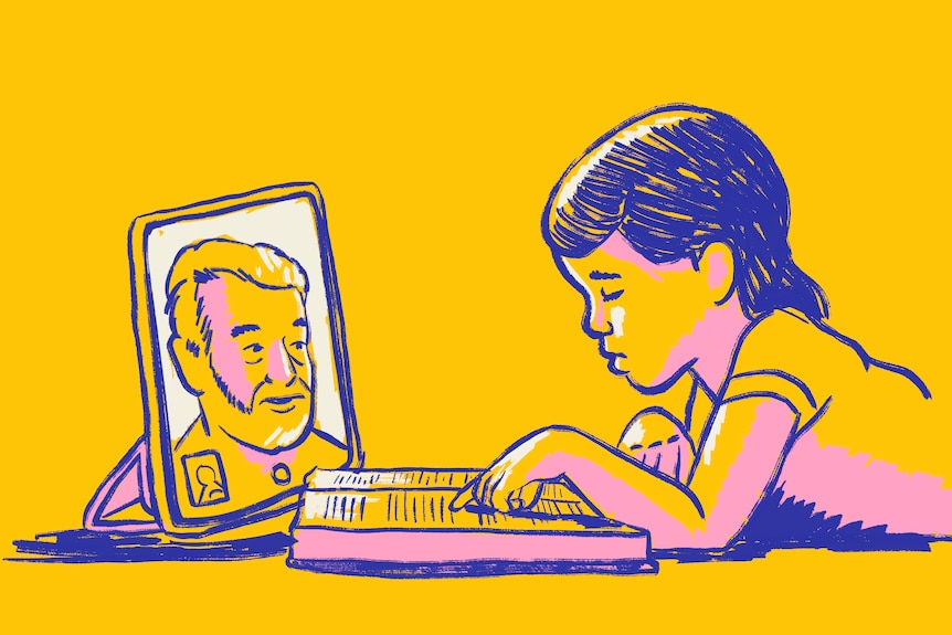 Illustration of grandfather on ipad screen and grandson reading a book doing digital story time due to distance.