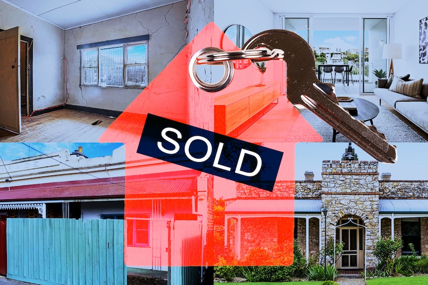 Four photos of properties are placed in a grid, with a red silhouette of a house saying 'SOLD' and a key.