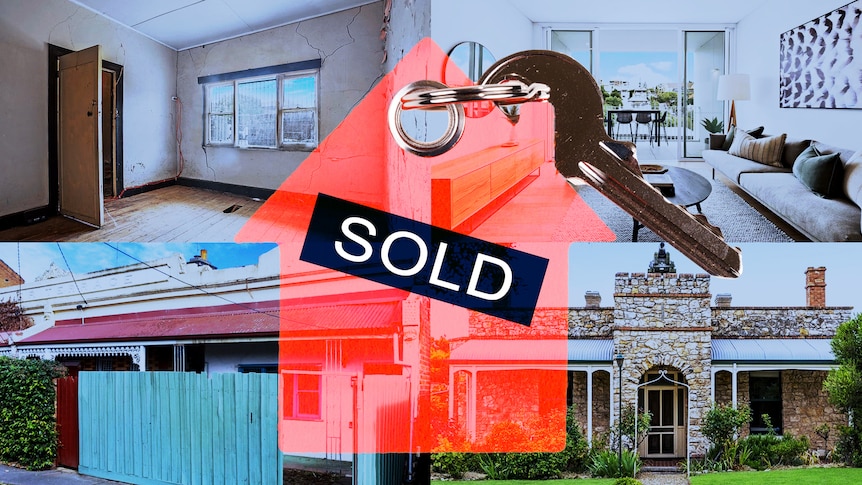 Four photos of properties are placed in a grid, with a red silhouette of a house saying 'SOLD' and a key.