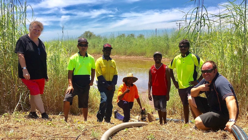 A group of people standing in front of aquaculture pond in bushland