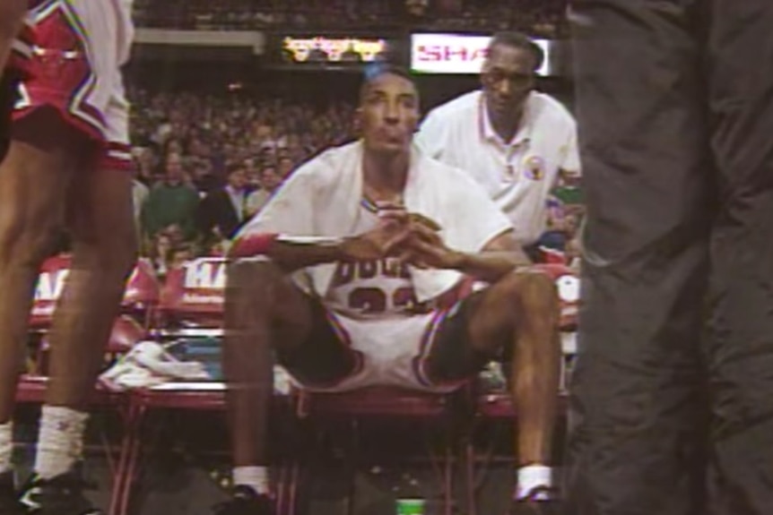 Chicago Bulls' Scottie Pippen sits defiantly on the bench.