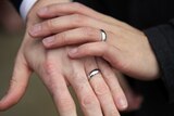 Newly exchanged same-sex wedding rings