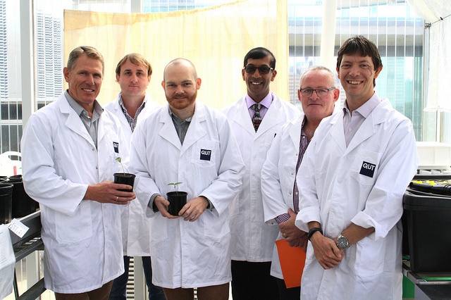 Six men in lab coats holding small plants.