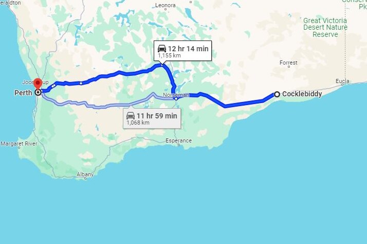 A map showing the distance between Perth and a town called Cocklebiddy.