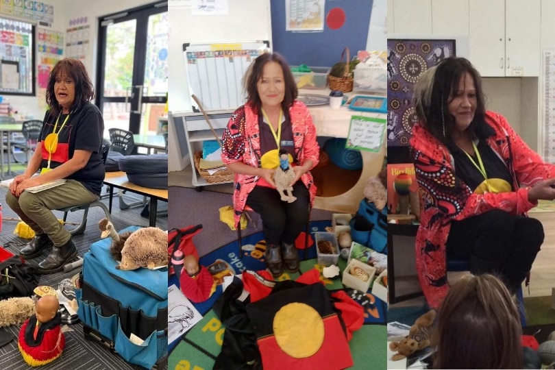 Three photos of a woman wearing a shirt with the Aboriginal flag holds up emu toys. She is presenting to a classroom.
