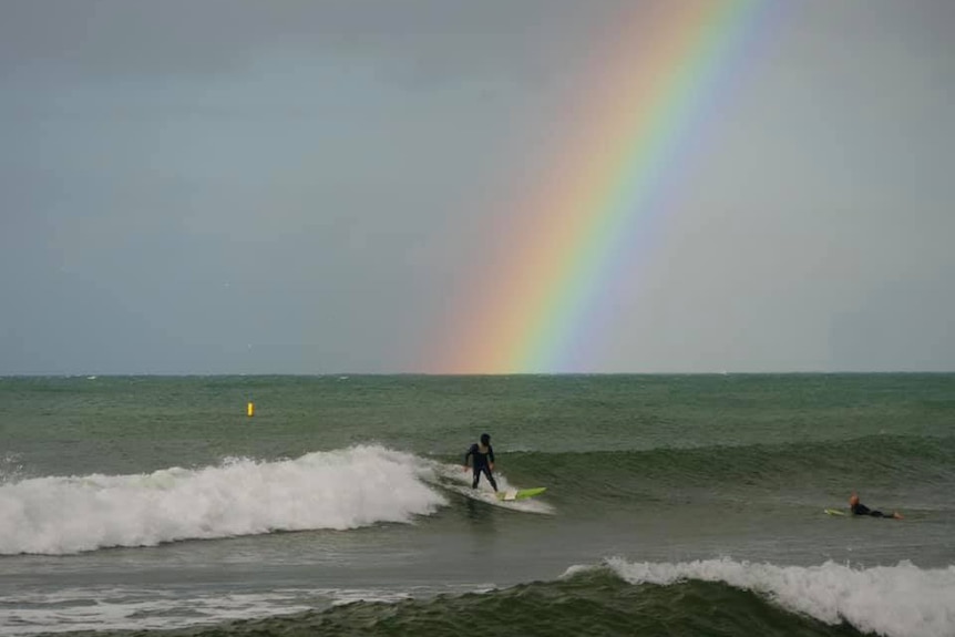 Surfer rides wave in front of rainbow