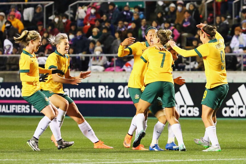 Katrina Gorry celebrates Matildas' second goal against Japan