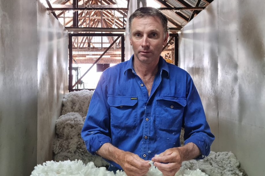 A man in a blue shirt stands with some wool in his hands