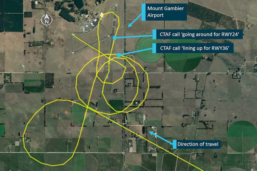 Flight path of TB-10 aircraft on approach to Mount Gambier Airport.