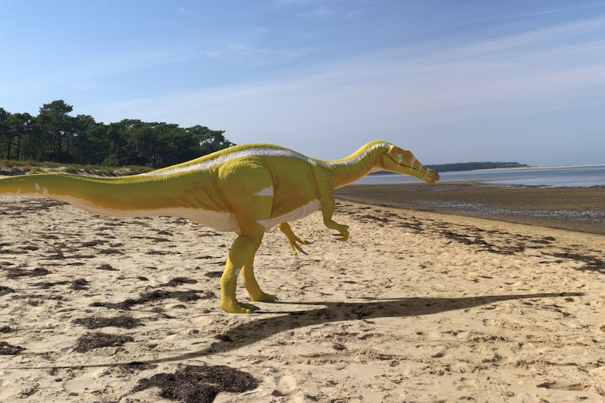 Illustration shows the newly discovered Cretaceous Period dinosaur, a yellow-green colour, with small arms and a long tail