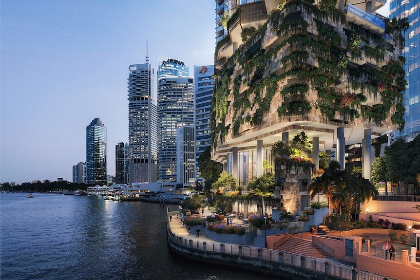 An artist's impression of a vertical garden on the outside of a residential building in a city.