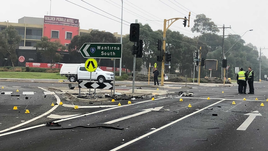 Police traffic cones at the scene of a double fatal crash at Wantirna South.