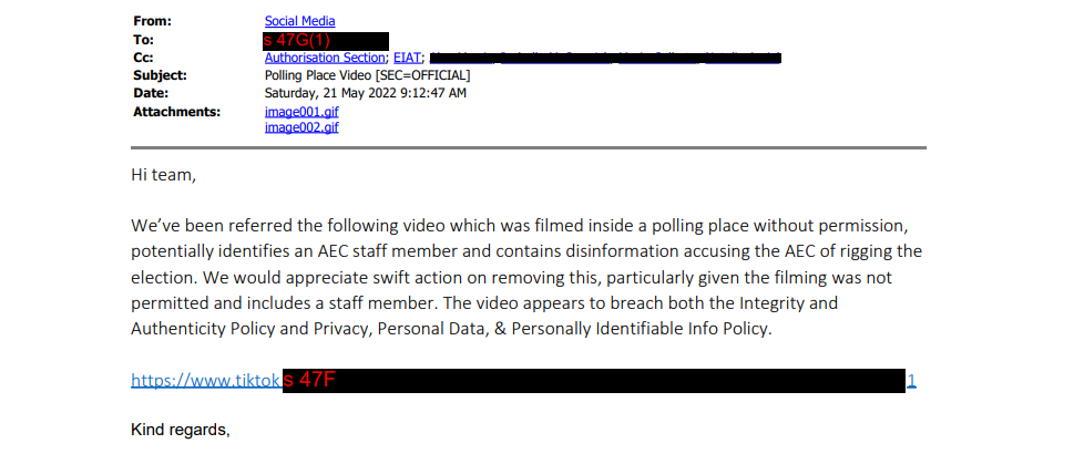 A snap shot of an email from the AEC to TikTok referring a video for being filmed inside a polling place without permission.