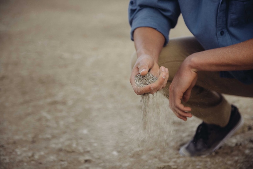 Man crouching down with grain pouring from hands