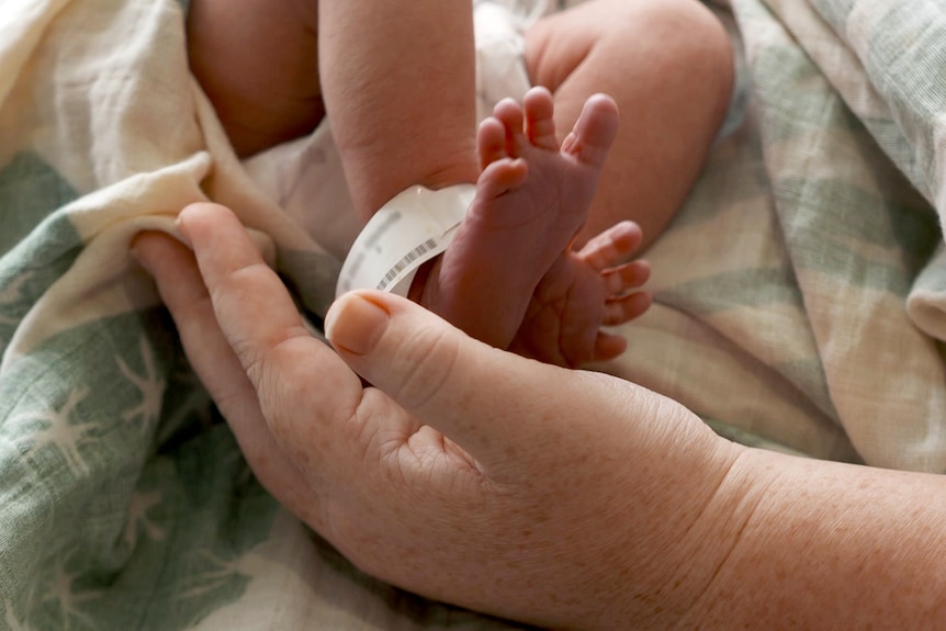 a woman's hand holding a newborn baby's feet while in a maternity ward