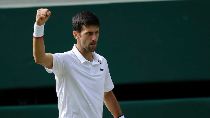 Novak Djokovic raises his fist during the 2019 Wimbledon final against Roger Federer.