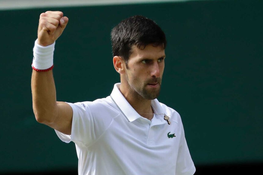 Novak Djokovic raises his fist during the 2019 Wimbledon final against Roger Federer.