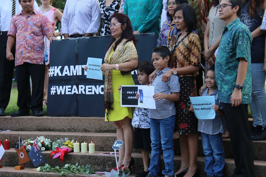 People gathered at Darwin's Civic Park at the vigil for the Jakarta terror attacks.