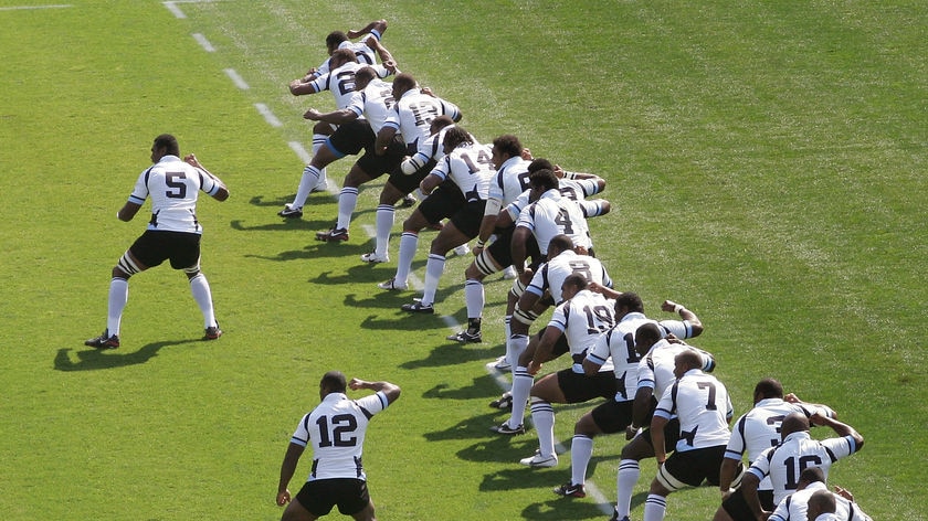 The Fijian squad performs their Haka minutes before the Rugby World Cup Pool B match between Austral
