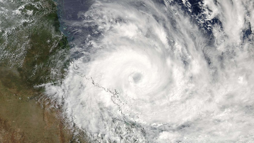 Satellite image of cyclone Debbie tracking toward the coast