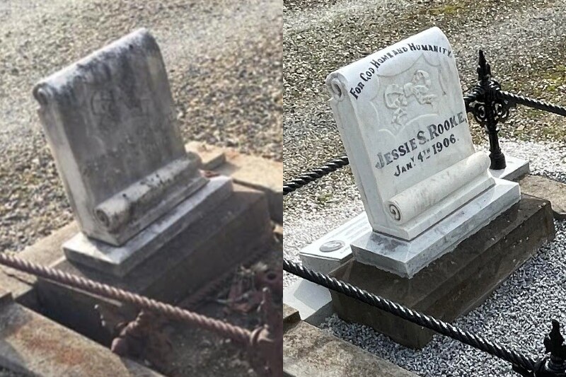 Before and after shot of restored gravestone reading Jessie S. Rooke.