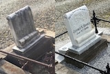 Before and after shot of restored gravestone reading Jessie S. Rooke.