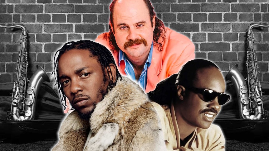 composite photo of kendrick lamar, donny benet and stevie wonder. behind them is a brick wall and two saxophones