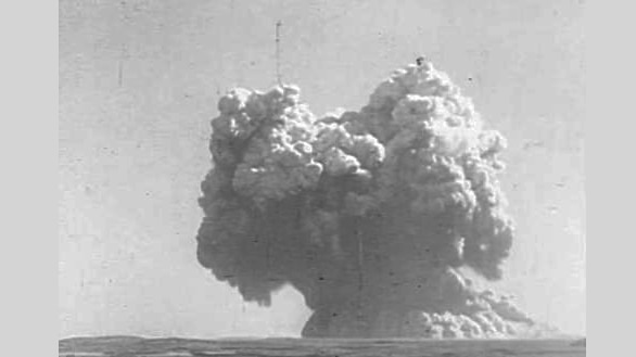 A mushroom cloud from a nuclear weapon explosion