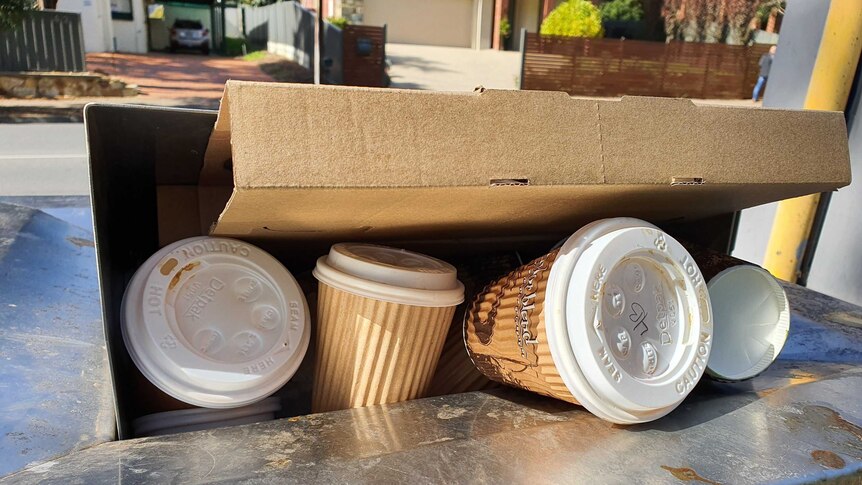 Four disposable coffee cup and a piece of cardboard in a bin