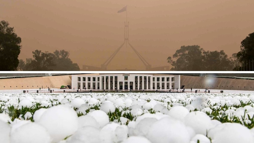 Photographs of smoke haze and hail at Parliament House show the wild weather Canberra has experienced this summer.