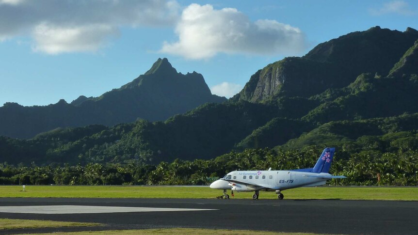 A plane on the runway at Rarotonga airport in the Cook Islands
