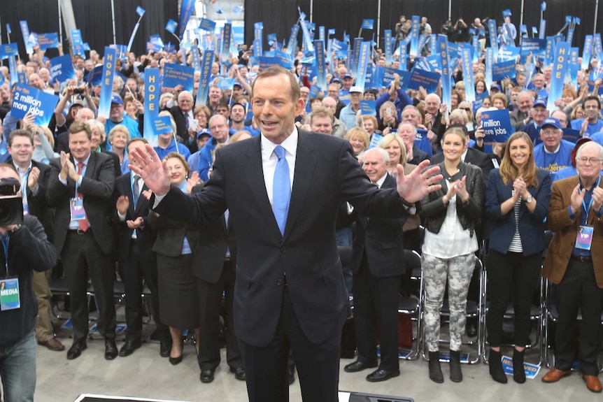 Tony Abbott on stage at the official launch of the Liberal federal campaign in Victoria.