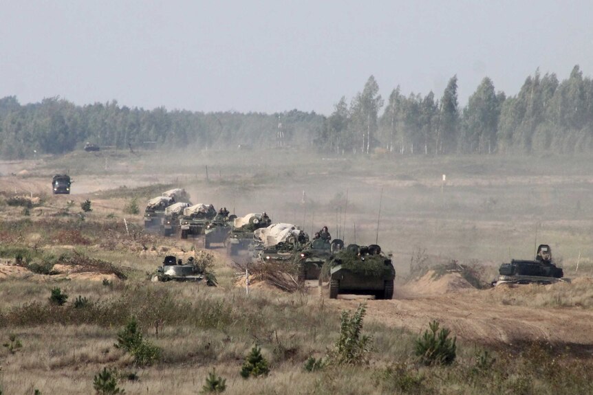 A military convoy arrives to a training ground in Belarus, where they will hold joint war games with Russia.