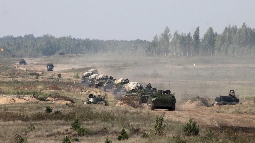 A military convoy arrives to a training ground in Belarus, where they will hold joint war games with Russia.