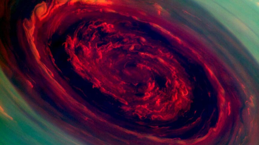 The spinning vortex of Saturn's north polar storm.