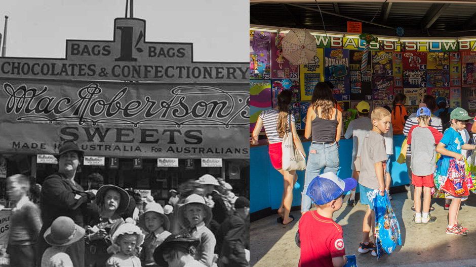 MacRobertson's show bags in 1937 and a show bag stand in 2015.
