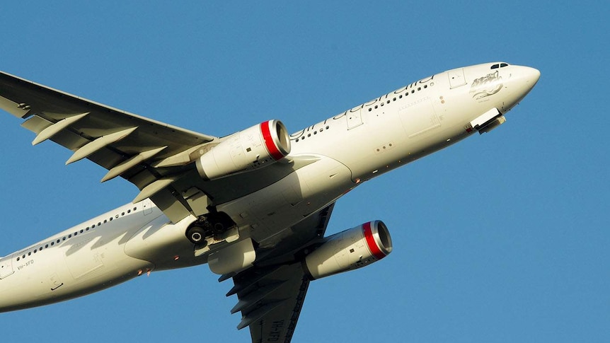 Virgin Australia aeroplane in the sky.
