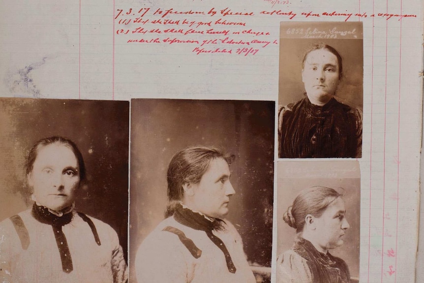 Several black and white photos of a woman stuck to a lined page, copperplate writing in red