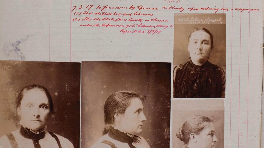 Several black and white photos of a woman stuck to a lined page, copperplate writing in red