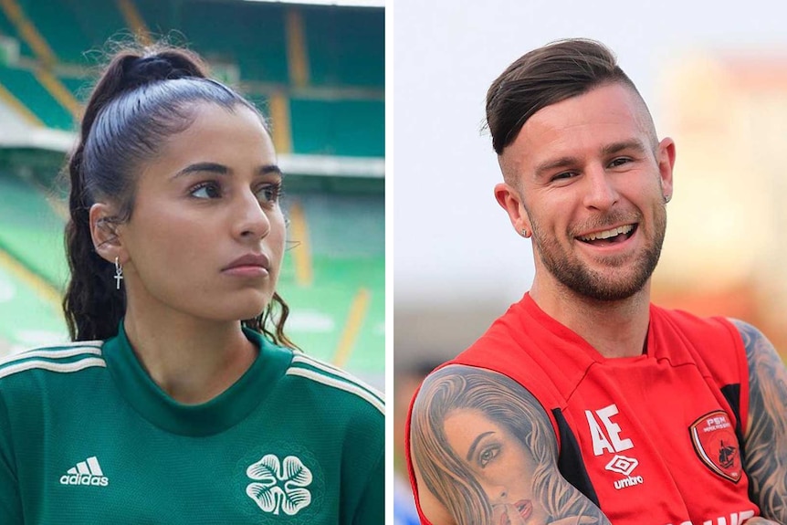 A composite image of a woman footballer on the left and a male footballer on the right